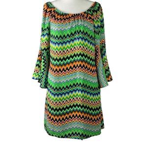 Voll Hippy Chevron Zigzag Striped Bell Long Sleeve Psychedelic Dress size Large